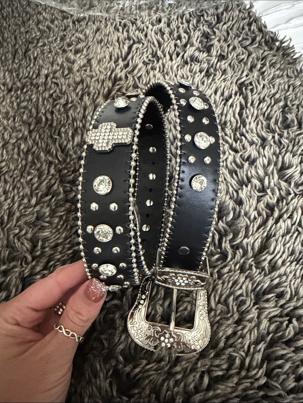 Black Crystal-Stud Western Belt with Decorative Silver Buckle